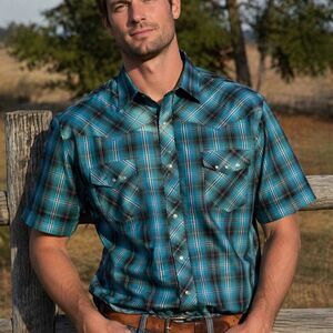 Wrangler Shirt Mens XL Blue Plaid Short Sleeve Pearl Snap Button Western Casual